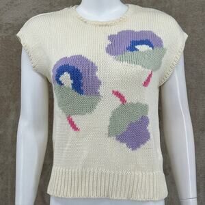 Jimmy Garcia Sweater Womens Small Knit Cream‎ Floral Hand Loomed Cottage Artsy